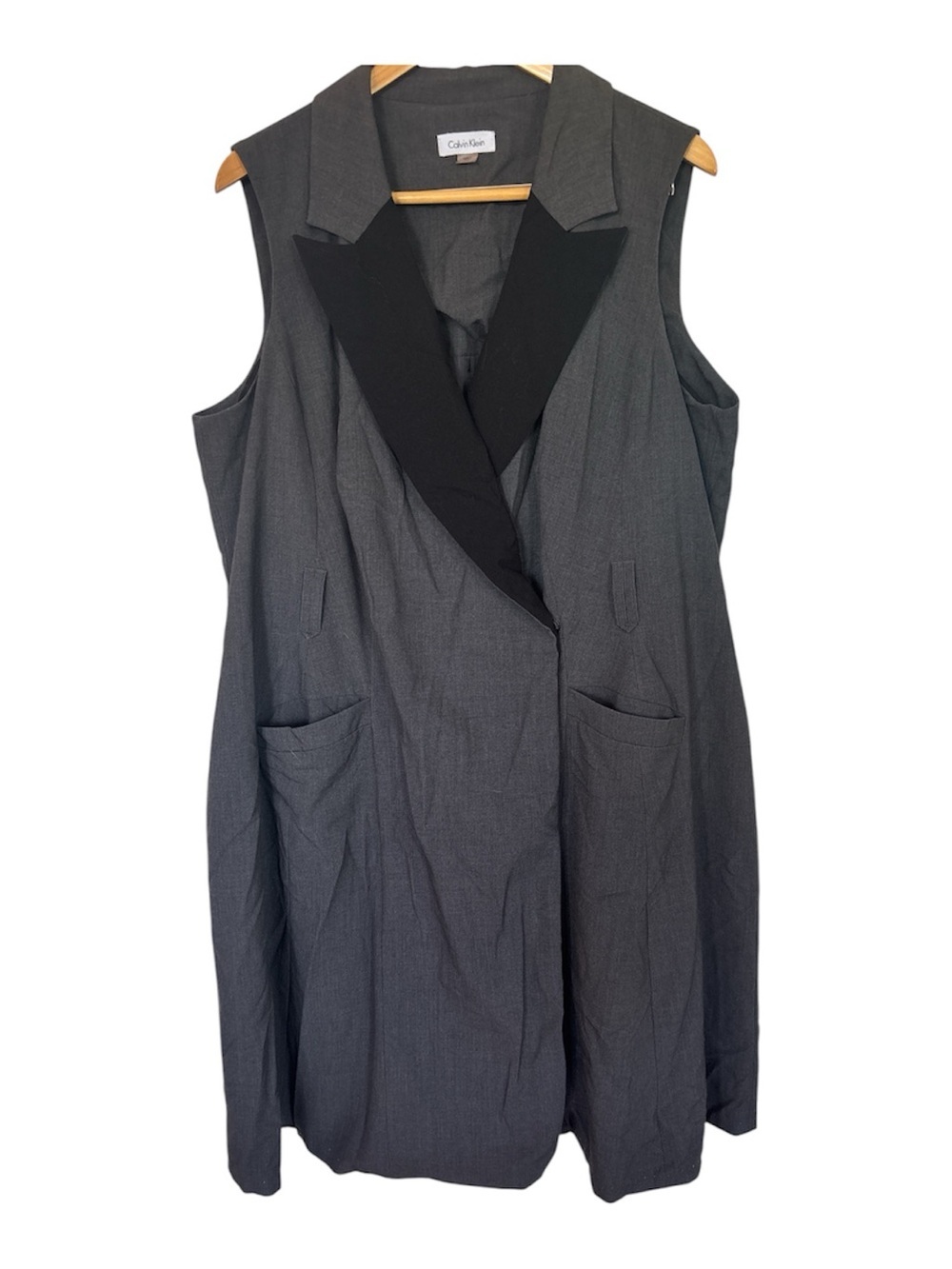 Calvin Klein Charcoal Gray Sleeveless Long Vest with Black Lapel